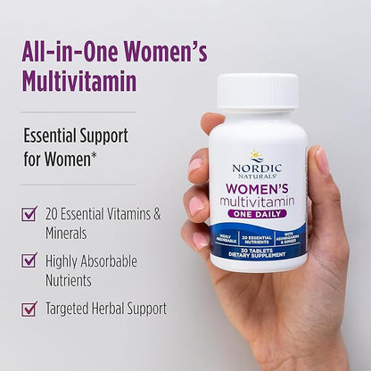 Nordic Naturals Women’s Multivitamin One Daily - Skin, Hair, Energy, & Bone Support - Immunity Supplement - 20 Essential Nutrients - 30 Tablets - 30 Servings