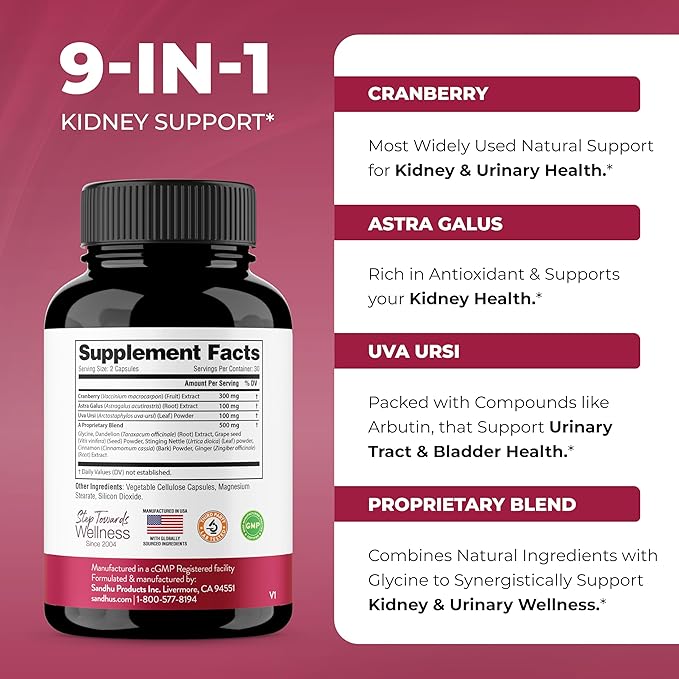 Sandhu's Kidney Cleanse Detox & Repair Support Supplement for Men and Women | with Cranberry Extract | Helps Support Kidney & Urinary Tract Health | 60 Vegetarian Capsules