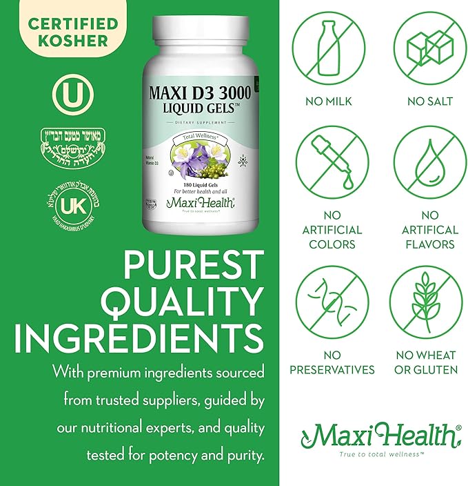 Maxi Health Kosher Vitamin D3 3000 IU - Pure Vitamin D 3000 IU for Healthy Bones, Teeth, Immune Support - High Absorption Vit D3 (180 Liquid Gels)