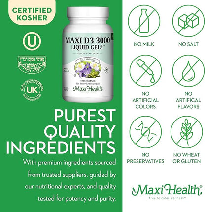 Maxi Health Kosher Vitamin D3 3000 IU - Pure Vitamin D 3000 IU for Healthy Bones, Teeth, Immune Support - High Absorption Vit D3 (180 Liquid Gels)