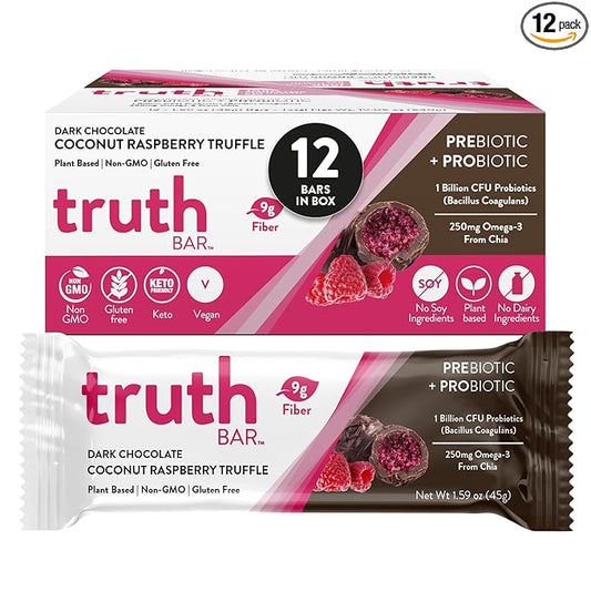 Truth Bar Prebiotic & Probiotic Keto Snack Vegan Bars with Omega-3's - Synbiotic High Fiber Snacks - Low Sugar, Kosher, Gluten Free - Dark Chocolate Coconut Raspberry Truffle (Pack of 12)