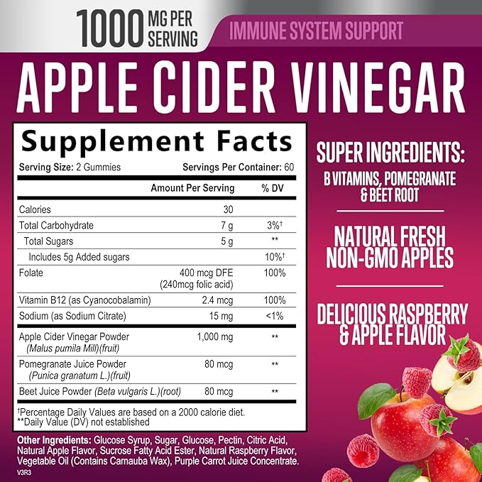 Vegan Apple Cider Vinegar Gummies 1000mg for Detox & Cleanse, ACV Gummy Vitamin B12 for Digestion Metabolism & Immune Health Support, Natural Apple Raspberry Flavor, Gluten Free - 120 Gummies