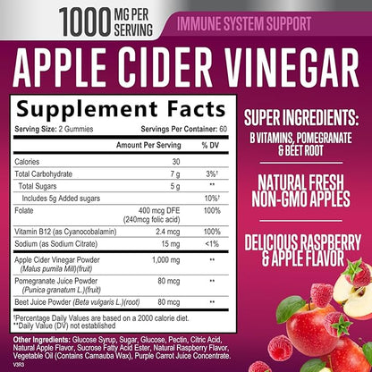 Vegan Apple Cider Vinegar Gummies 1000mg for Detox & Cleanse, ACV Gummy Vitamin B12 for Digestion Metabolism & Immune Health Support, Natural Apple Raspberry Flavor, Gluten Free - 120 Gummies