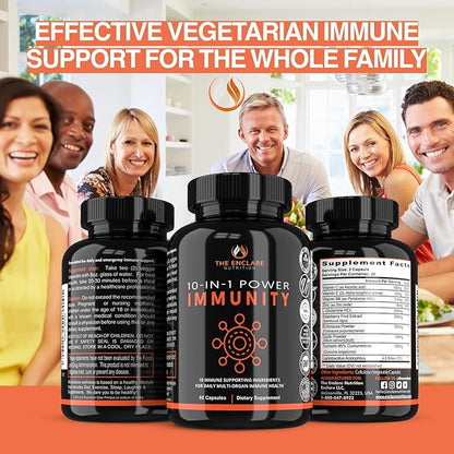 THE ENCLARE NUTRITION 10 in 1 Immune Support Booster Supplement with Echinacea, Vitamin C and Zinc, Turmeric, Ginger, B6, Elderberry for Adults Immunity Defense Vitamins, Made in USA Veg Cap 60 Ct (1)