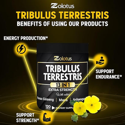 Zolotus 13in1 Tribulus Terrestris Capsules with Maca, Horny Goat Weed, Panax Ginseng, Saw Palmetto, Tongkat Ali, Shilajit & More - Energy, Stamina Supplement for Men & Women - 120 Counts