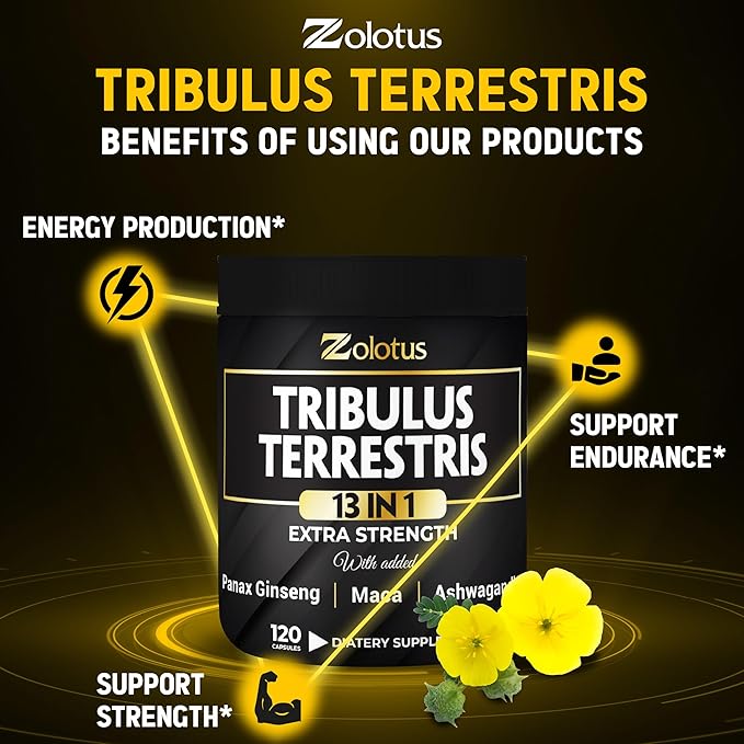 Zolotus 13in1 Tribulus Terrestris Capsules with Maca, Horny Goat Weed, Panax Ginseng, Saw Palmetto, Tongkat Ali, Shilajit & More - Energy, Stamina Supplement for Men & Women - 120 Counts