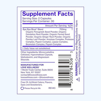 Love Wellness Bye Bye Bloat | Digestive Enzymes for Fast Acting Bloating Relief for Women | Helps Reduce Water Retention & Gas Relief | Supports Digestive Health with Fenugreek & Dandelion | 60 Count