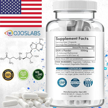 Sam e 500mg Methionine Supplement for Liver, Joint, Brain and Mood Support, High Absorption SAM-e (S Adenosyl Methionine), Vegan, Gluten Free,Non-GMO-USA Made, 60 Sam e Capsule (2 Pack)