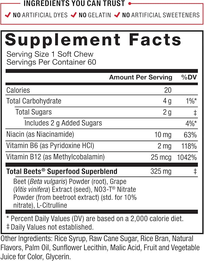 Force Factor Total Beets Soft Chews with Beetroot, Nitrates, L-Citrulline, Grapeseed Extract, & Antioxidants, Healthy Energy Supplement with Elite Ingredients for Heart, Superfood, 120 Count, 2-Pack