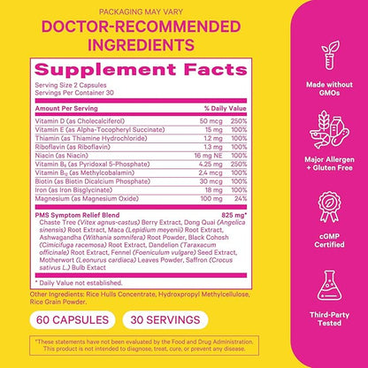 Pink Stork PMS Supplement for Women - Vitex, Ashwagandha, Maca Root & 10 Vitamins & Minerals to Support Hormone Balance, Mood, Bloating, Period Regularity - 60 Capsules