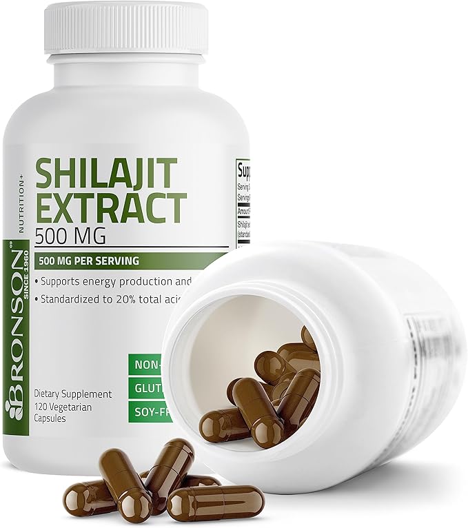 Bronson Shilajit Extract 500 MG Per Serving, Supports Energy Production & Vitality, Standardized to 20% Total Acids, Non-GMO, 60 Vegetarian Capsules