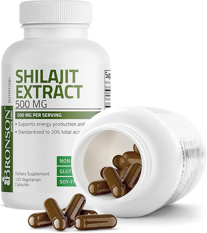 Bronson Shilajit Extract 500 MG Per Serving, Supports Energy Production & Vitality, Standardized to 20% Total Acids, Non-GMO, 60 Vegetarian Capsules
