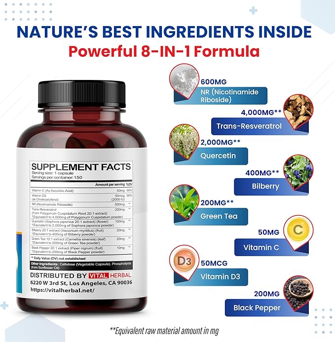 Liposomal NAD+ Nicotinamide Riboside NR with Trans-Resveratrol Quercetin Bilberry Green Tea - Maximum Potency- Support Healthy Aging - Made in The USA