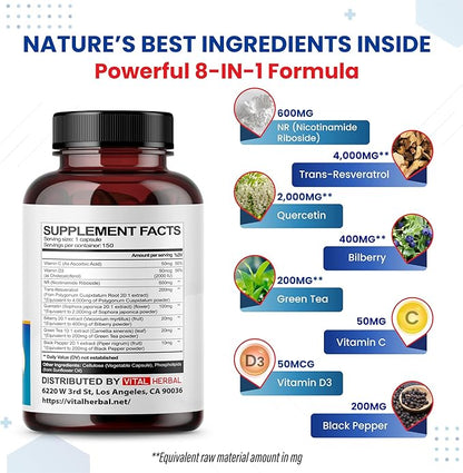 Liposomal NAD+ Nicotinamide Riboside NR with Trans-Resveratrol Quercetin Bilberry Green Tea - Maximum Potency- Support Healthy Aging - Made in The USA