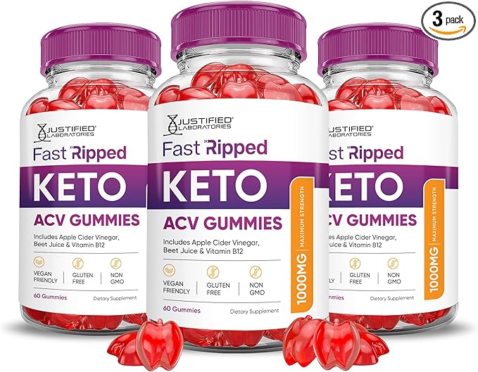 (3 Pack) Fast Ripped Keto ACV Gummies Advanced Formula 1000MG Fast Ripped Keto Gummies Apple Cider Vinegar Formulated with Pomegranate Beet Juice Powder B12 Vegan Non GMO 180 Gummys