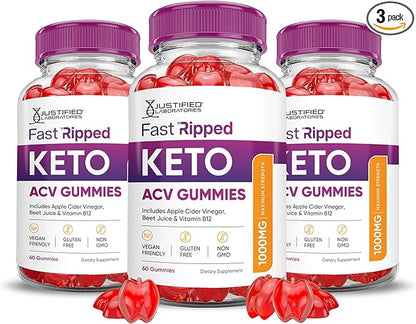 (3 Pack) Fast Ripped Keto ACV Gummies Advanced Formula 1000MG Fast Ripped Keto Gummies Apple Cider Vinegar Formulated with Pomegranate Beet Juice Powder B12 Vegan Non GMO 180 Gummys
