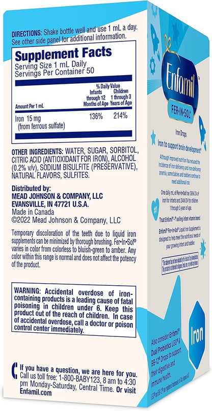 Enfamil Fer-In-Sol Iron Supplement Drops for Infants & Toddlers, Supports Brain Development, 50 mL Dropper Bottle, Pack of 3