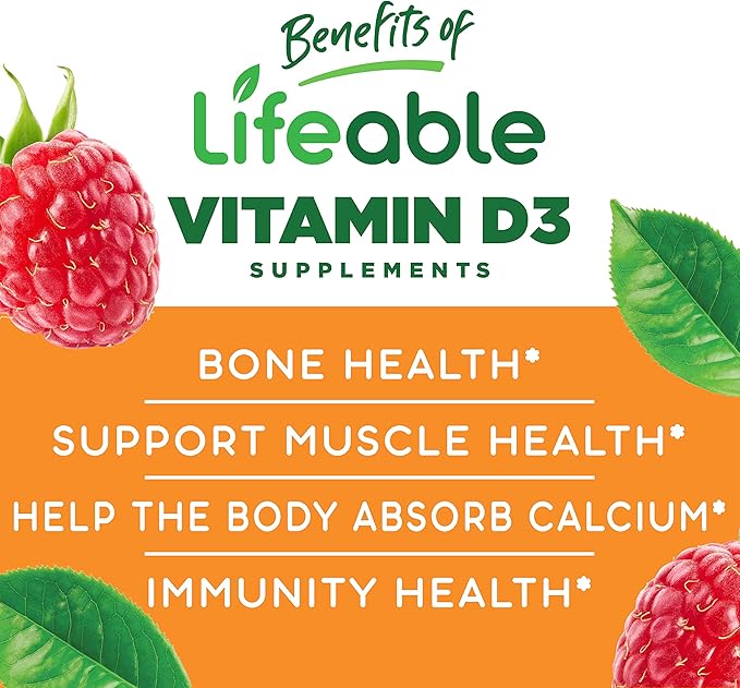 Lifeable Sugar Free Vitamin D 5000 IU - Great Tasting Natural Flavor Gummy Supplement - Gluten Free Vegetarian GMO-Free Chewable - for Immune Support and Bone Health - for Adults - 90 Gummies