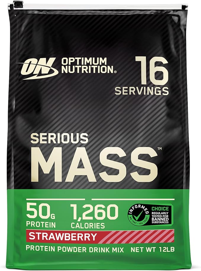 Optimum Nutrition Serious Mass, Weight Gainer Protein Powder, Mass Gainer, Vitamin C and Zinc for Immune Support, Creatine, Strawberry, 12 Pound (Packaging May Vary)