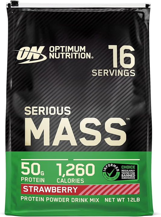 Optimum Nutrition Serious Mass, Weight Gainer Protein Powder, Mass Gainer, Vitamin C and Zinc for Immune Support, Creatine, Strawberry, 12 Pound (Packaging May Vary)