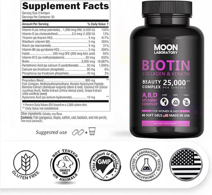 Premium Biotin 5,000 mcg with Collagen, Keratin, Hyaluronic Acid, Vitamin A, D3, B-Complex & Coconut Oil. Beauty Complex for Hair Growth, Nails, Skin. for Men & Women. 60 Softgels