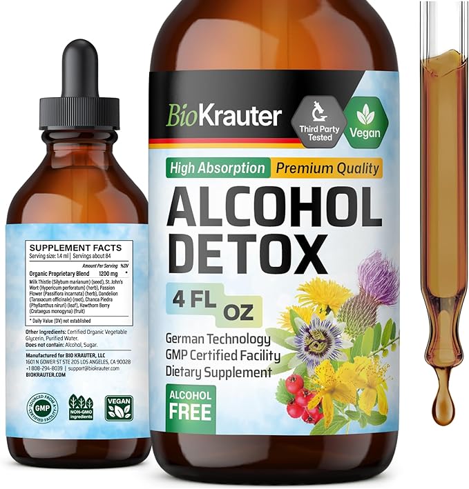 BIO KRAUTER Alcohol Detox Tincture - Liver Cleanse & Detox Formula - Milk Thistle & Dandelion - Liver Support Liquid Extract - Alcohol and Sugar Free - Vegan Liver Detox Drops 4 Fl.Oz.