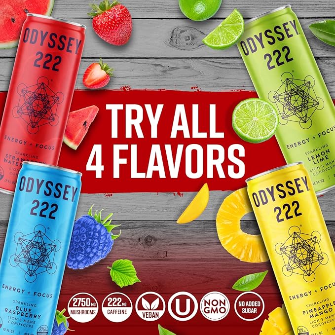 Odyssey Elixir - Odyssey 222 - Sparkling Energy Drink - 222 mg of Caffeine - Lion's Mane & Cordyceps - Energy & Focus - Endurance & Stamina - Nootropic - Pre Workout - Strawberry Watermelon