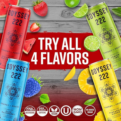 Odyssey Elixir - Odyssey 222 - Sparkling Energy Drink - 222 mg of Caffeine - Lion's Mane & Cordyceps - Energy & Focus - Endurance & Stamina - Nootropic - Pre Workout - Strawberry Watermelon