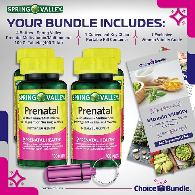 Spring Valley Prenatal Multivitamin Multimineral for Pregnant & Nursing Women Dietary Supplement Tablets 100 Ct 4 pk Choice Bundle (400 Total) + Vitamin Guide & Pill Container (6 Items)!