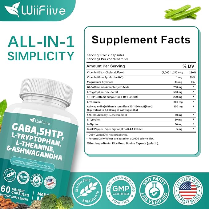 Gaba 750mg 5-HTP 200mg L-Theanine 200mg Ashwagandha 3000mg L-Tryptophan 500mg with Vitamin D3 Vitamin B6 L-Tyrosine Black Pepper SAM-e, Dietary Supplement, Non GMO, NSF Certified, 60 Capsules