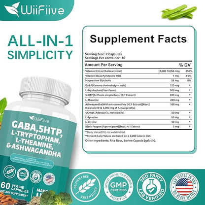 Gaba 750mg 5-HTP 200mg L-Theanine 200mg Ashwagandha 3000mg L-Tryptophan 500mg with Vitamin D3 Vitamin B6 L-Tyrosine Black Pepper SAM-e, Dietary Supplement, Non GMO, NSF Certified, 60 Capsules