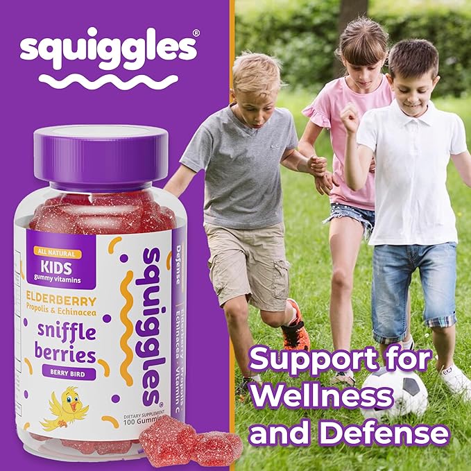 Squiggles Sniffle Berries Elderberry Gummies with Bee Propolis & Echinacea, Kids Defense Gummies, Kids Vitamins for Immune Support, Tasty Chewy Toddler Gummy Vitamin, 100 Gummies