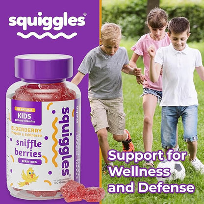 Squiggles Sniffle Berries Elderberry Gummies with Bee Propolis & Echinacea, Kids Defense Gummies, Kids Vitamins for Immune Support, Tasty Chewy Toddler Gummy Vitamin, 100 Gummies