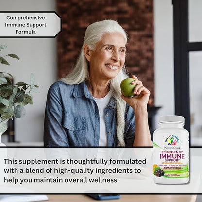 Emergency Immune Support - 60 Capsules - Elderberry, Turmeric, Vitamin C - Advanced Formula Capsules with Artificial Additives - Vegan Friendly