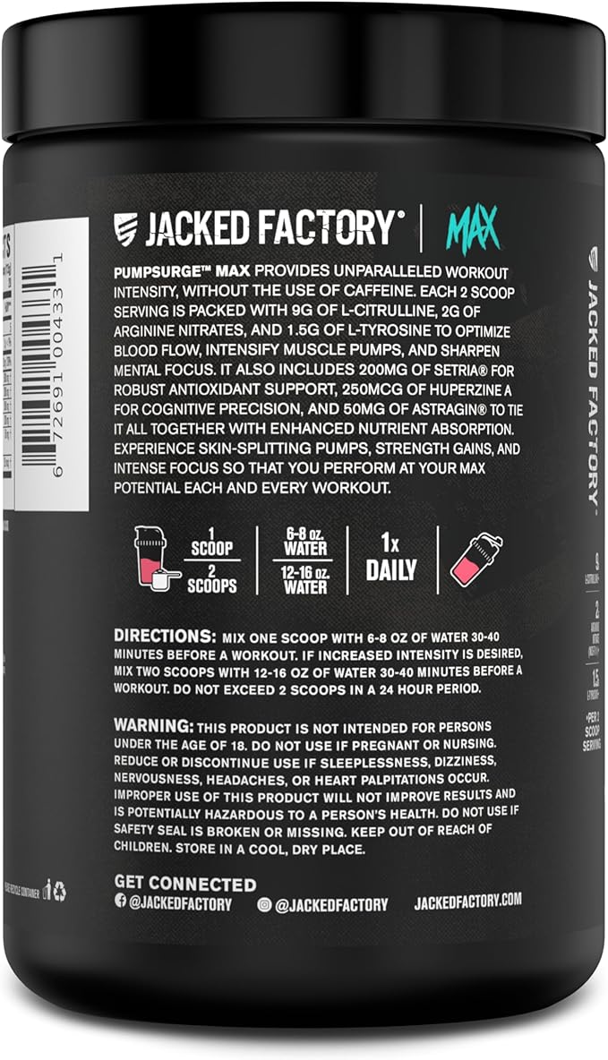 Jacked Factory Pumpsurge Max Stim Free Pre Workout - High-Performance Caffeine Free Pre Workout with L-Citrulline, N03-T Arginine Nitrate & Glutathione - 40 Servings, Watermelon Candy