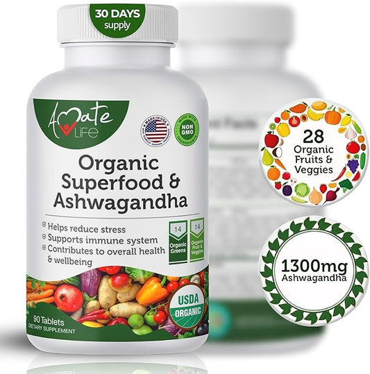 Organic Superfood Greens Fruits and Veggies Complex with Ashwagandha - 2 in 1 Supplement with 14 Greens and 14 Fruits & Vegetables with Organic Ashwagandha Rich in Antioxidants - Non-GMO 90 Tablets