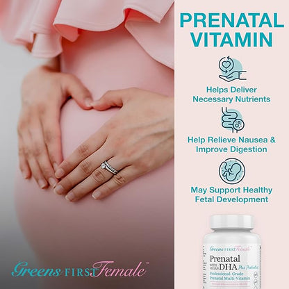 Greens First Female Prenatal Vitamin with Vegan DHA - Pregnancy Multivitamin Supplement - Supports Healthy Fetal Development - Natural Ingredients - with Ginger - 90 Capsules