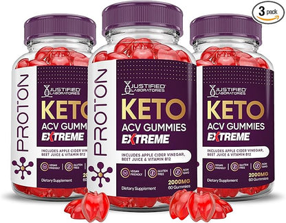 (3 Pack) Proton Protein Keto ACV Gummies Extreme 2000MG Proton Keto Gummies Apple Cider Vinegar Formulated with Pomegranate Beet Juice Powder B12 Vegan Non GMO 180 Gummys