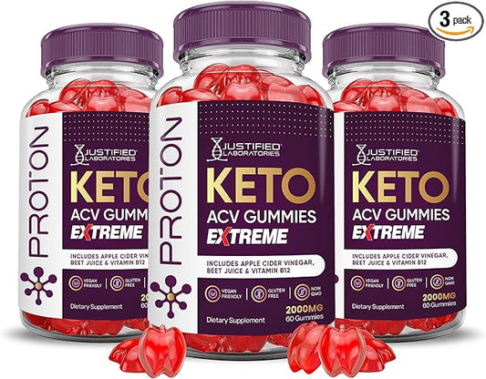 (3 Pack) Proton Protein Keto ACV Gummies Extreme 2000MG Proton Keto Gummies Apple Cider Vinegar Formulated with Pomegranate Beet Juice Powder B12 Vegan Non GMO 180 Gummys