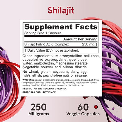 Jarrow Formulas® Shilajit 250 mg, Dietary Supplement, Shilajit Acid Complex for Cellular Energy Production, 60 Veggie Capsules, 60 Day Supply