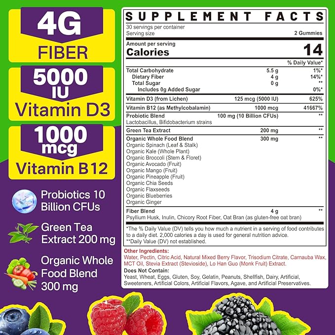 Fiber Gummies for Adults - Sugar Free Probiotics Fiber Supplement Vitamin B12 1000 mcg Vitamin D3 5000 iu/w Green Tea, Organic Whole Food For Fulfill, Metabolism, Gut & Digestive Health-Vegan, 1 Pack