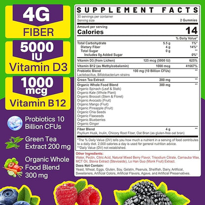 Fiber Gummies for Adults - Sugar Free Probiotics Fiber Supplement Vitamin B12 1000 mcg Vitamin D3 5000 iu/w Green Tea, Organic Whole Food For Fulfill, Metabolism, Gut & Digestive Health-Vegan, 1 Pack