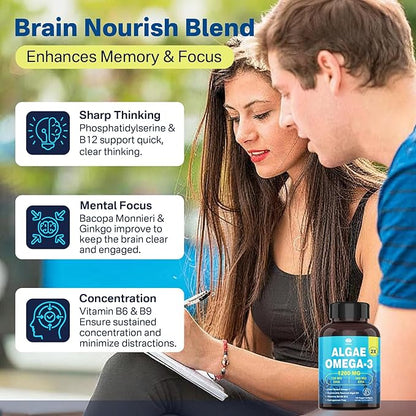 Vegan Omega-3 Algae Oil + DHA 720mg & EPA 360mg, Methyl B9, B12, Vitamin B6 & E, Plant-Based Fish Oil Alternative Omega 3 Supplement, for Brain, Eye, Energy, Immunity, Carrageenan Free, 120 Softgels