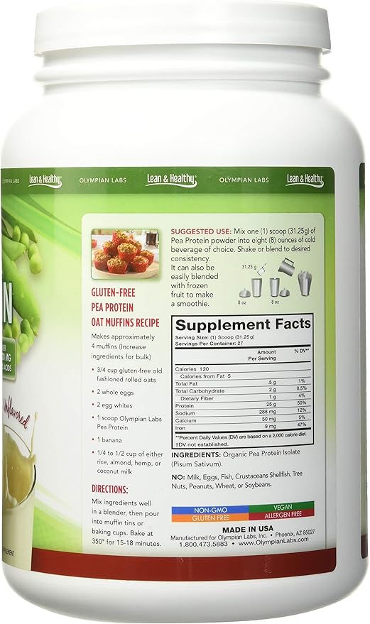 Olympian Labs Plant Based Pea Protein Powder, Unflavored - 25g of Protein, Vegan, Low Net Carbs, Gluten Free, Lactose Free, No Sugar Added, Soy Free, Kosher, Non-GMO, 2 Pound Pea Protein Powder