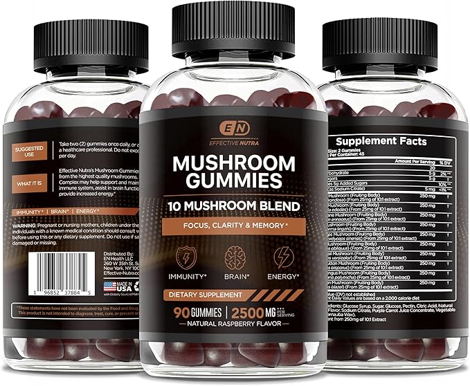 Mushroom Gummies 10 Blend - Mushroom Complex 2500mg - Mushroom Supplement for Men & Women - Brain Booster, Immune Support, Energy 90ct (2-Pack)