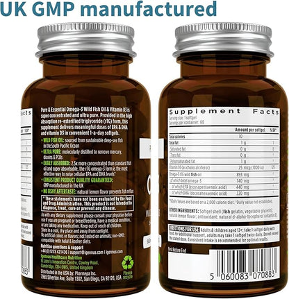 Advanced Omega-3 Wild Fish Oil & Vitamin D3 1000iu, 1-a-Day, Triglyceride Form EPA & DHA Fatty Acids, Fast-Acting rTG, Ultra Pure & Non-GMO, 60 Softgels, by Igennus