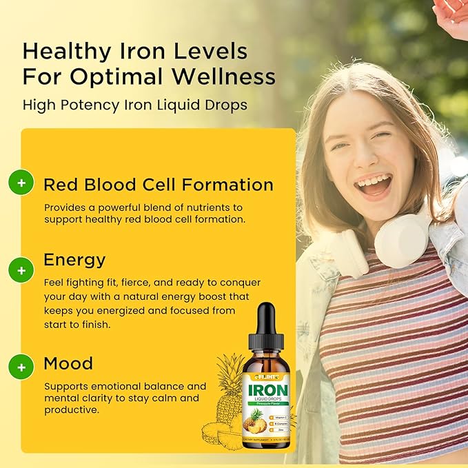 Liquid Iron Supplement for Women Men & Kids Multivitamin Iron Drops with Folate, Vitamin C, B6, B12, Zinc for Anemia, Iron Deficiency, Blood Builder, Energy - Natural Pineapple Flavor, Vegan 2 Fl Oz