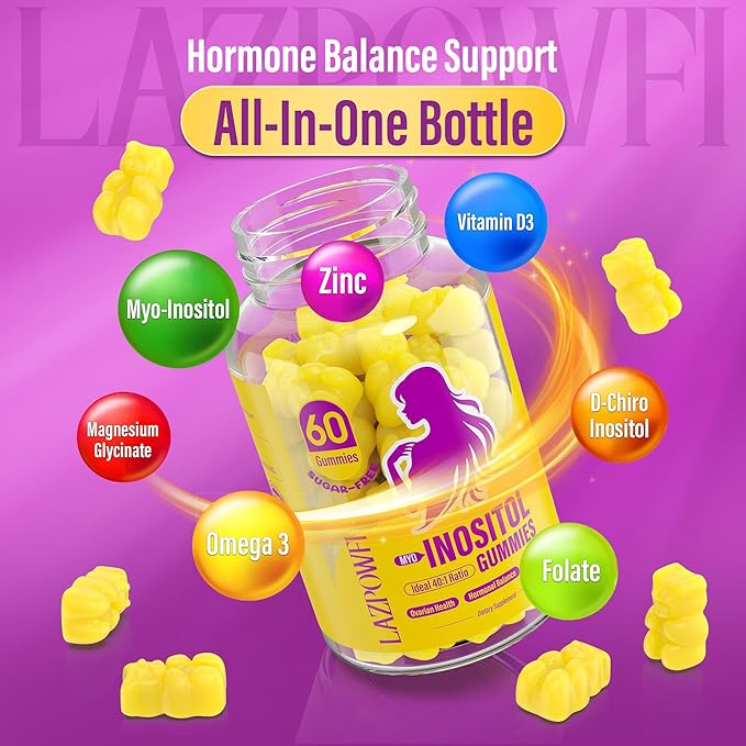 Myo-Inositol & D-Chiro Inositol,Inositol Gummies with Vitamin D3, Magnesium Glycinate, Omega-3, Folate & Zinc, 2760mg Inositol Supplement Menstrual Cycle for Women-40:1 Ratio-30 Day Supply