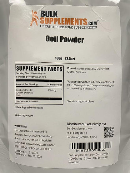 BulkSupplements.com Goji Berry Powder - Goji Berry Supplement, Wolfberry Powder - for Immune Support, Vegan & Gluten Free, 1000mg per Serving, 100g (3.5 oz) (Pack of 1)