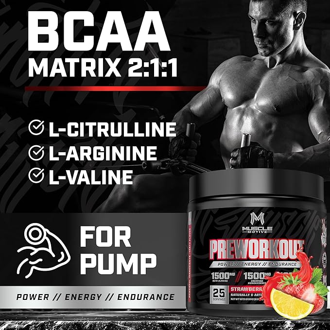 Pre Workout Powder with Beta Alanine, Creatine Monohydrate, BCAA, L Citrulline, L Arginine and Caffeine - Strawberry Lemonade Flavor - 25 Servings